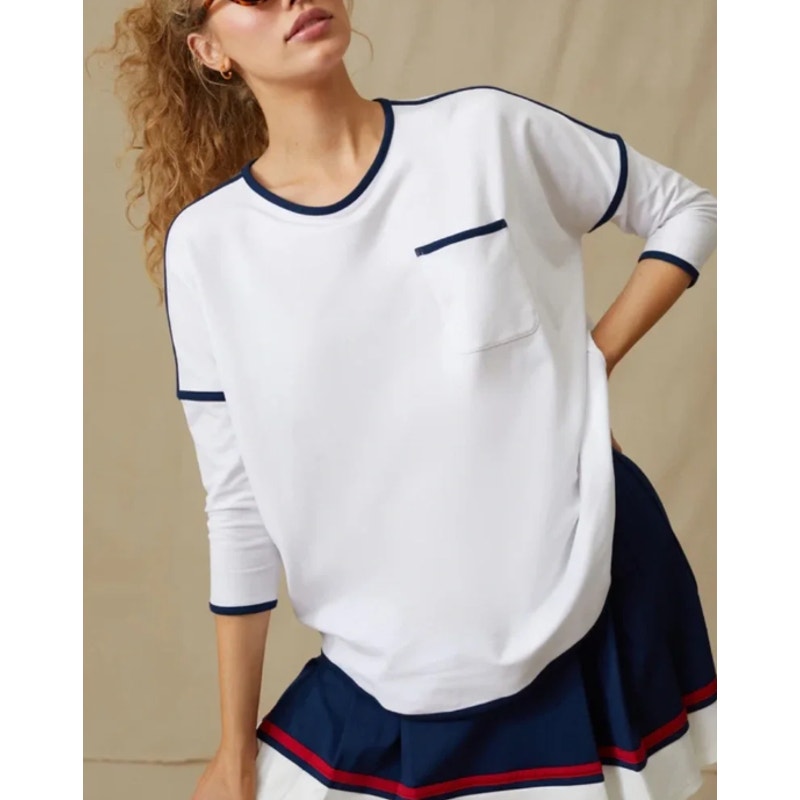 Tuckernuck Tnuck Sport Farah Terry Pullover White Navy Oversized M/L